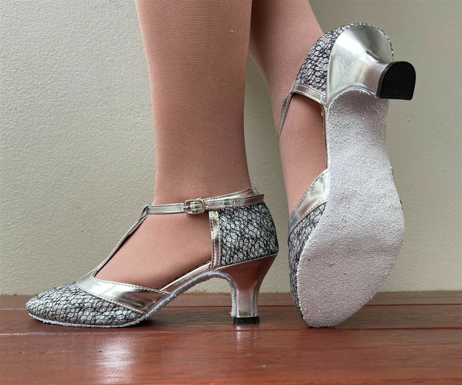 Enclosed T-Strap Ballroom Dance shoes 1.5-2" (Silver)